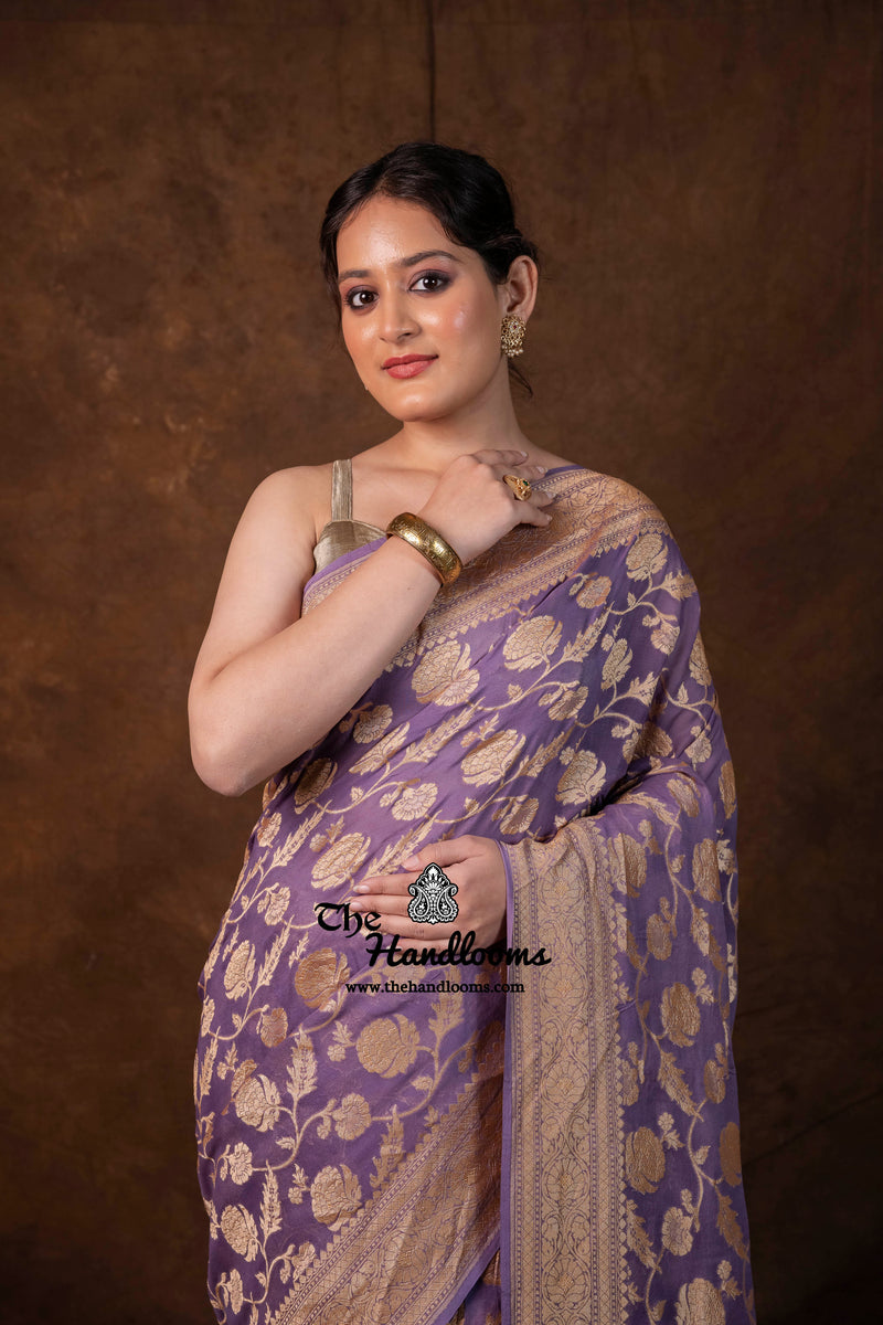 Khaddi Georgette Handloom Banarasi Saree - Gold Zari - The Handlooms