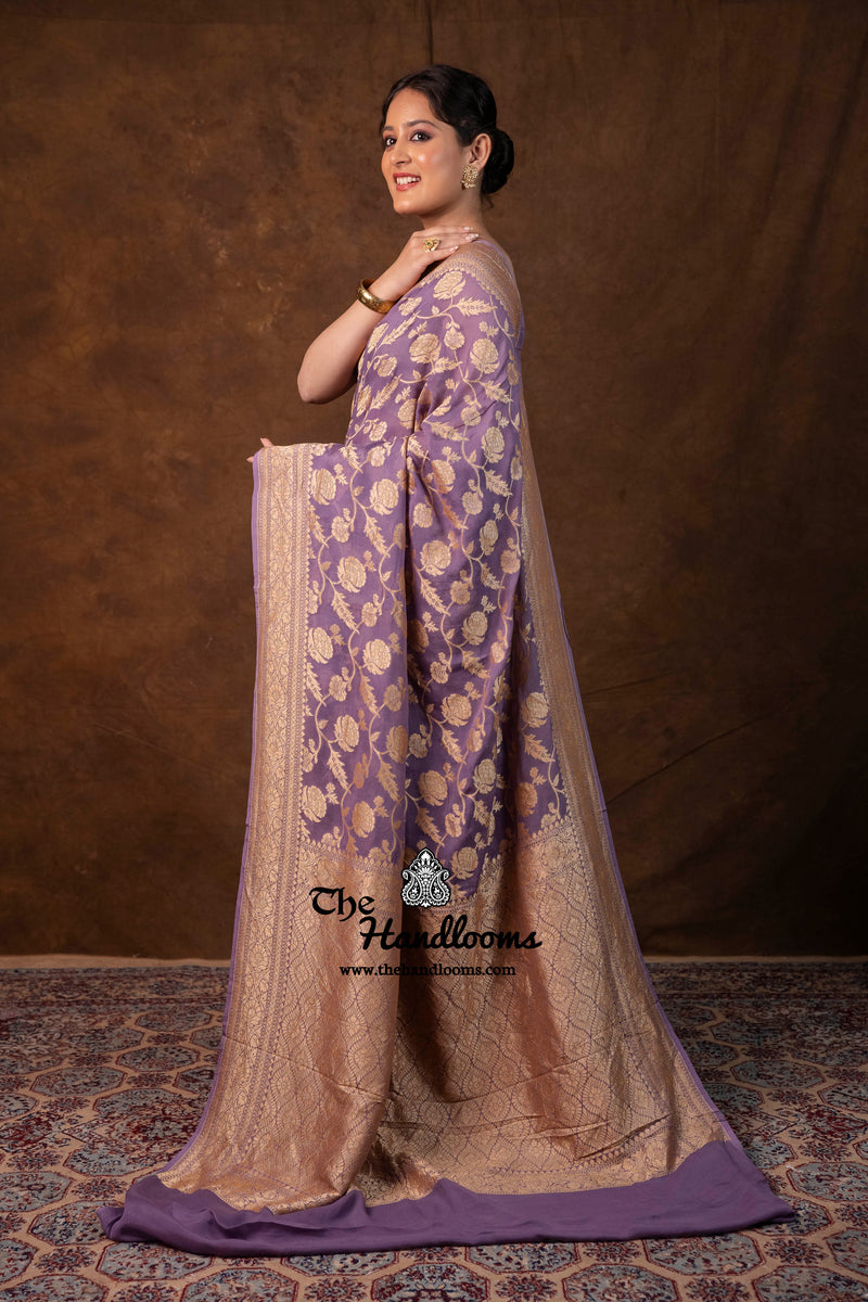 Khaddi Georgette Handloom Banarasi Saree - Gold Zari - The Handlooms