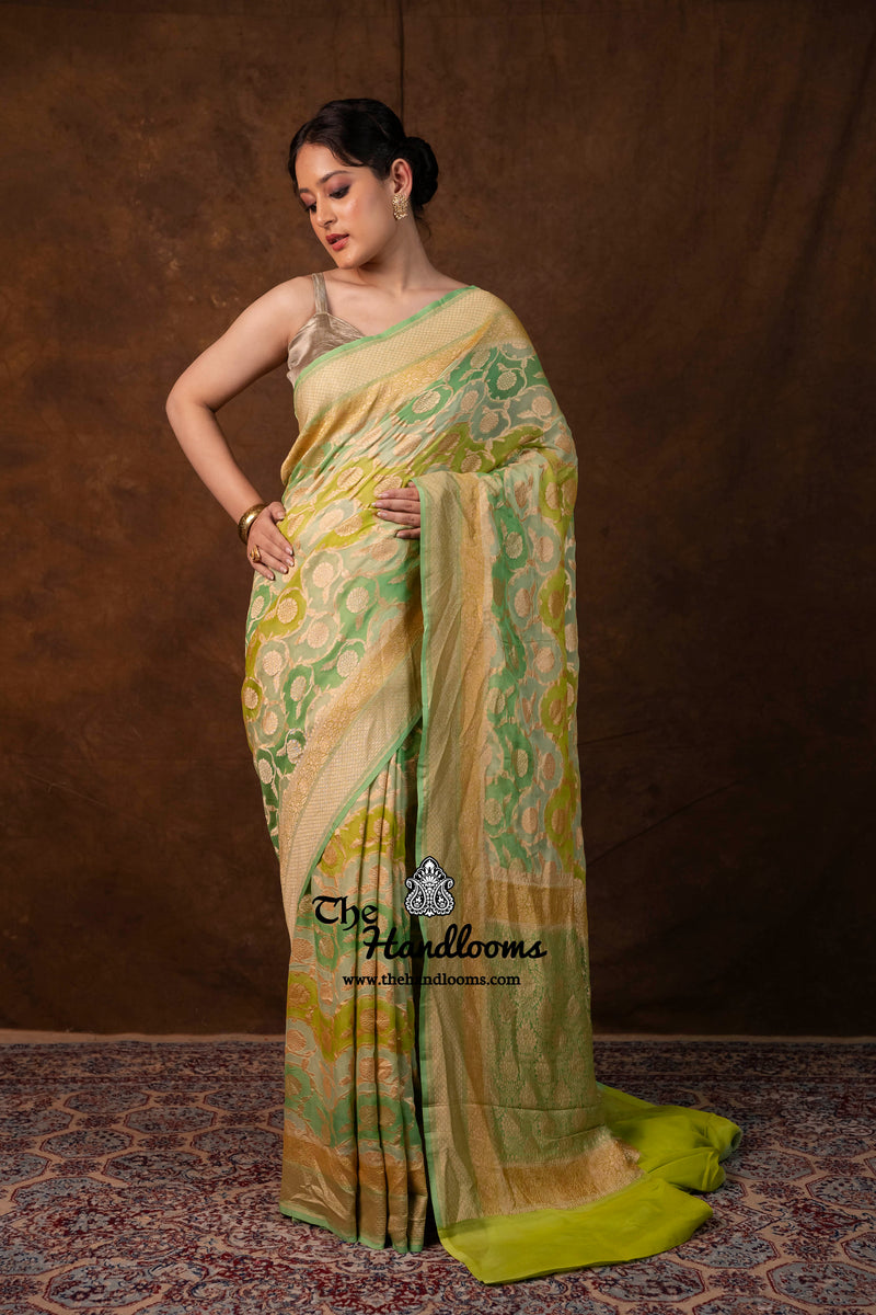 Khaddi Georgette Handloom Banarasi Saree - Gold Zari - The Handlooms
