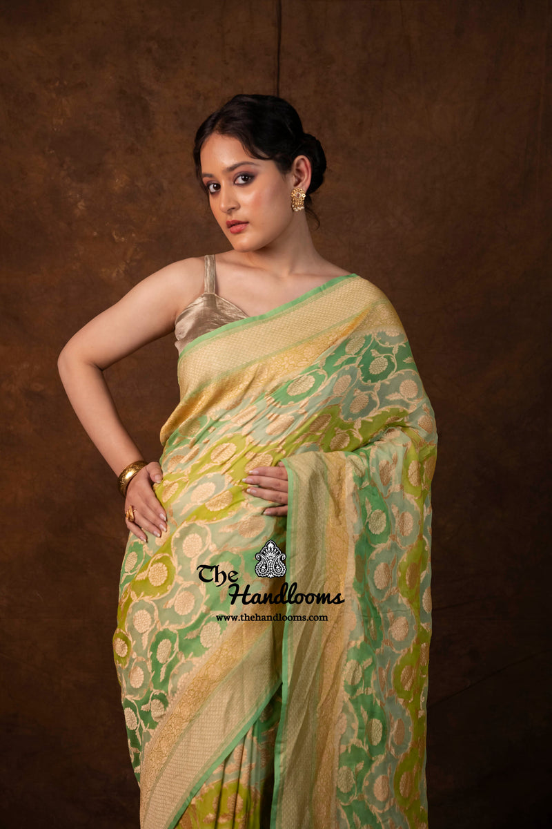 Khaddi Georgette Handloom Banarasi Saree - Gold Zari - The Handlooms