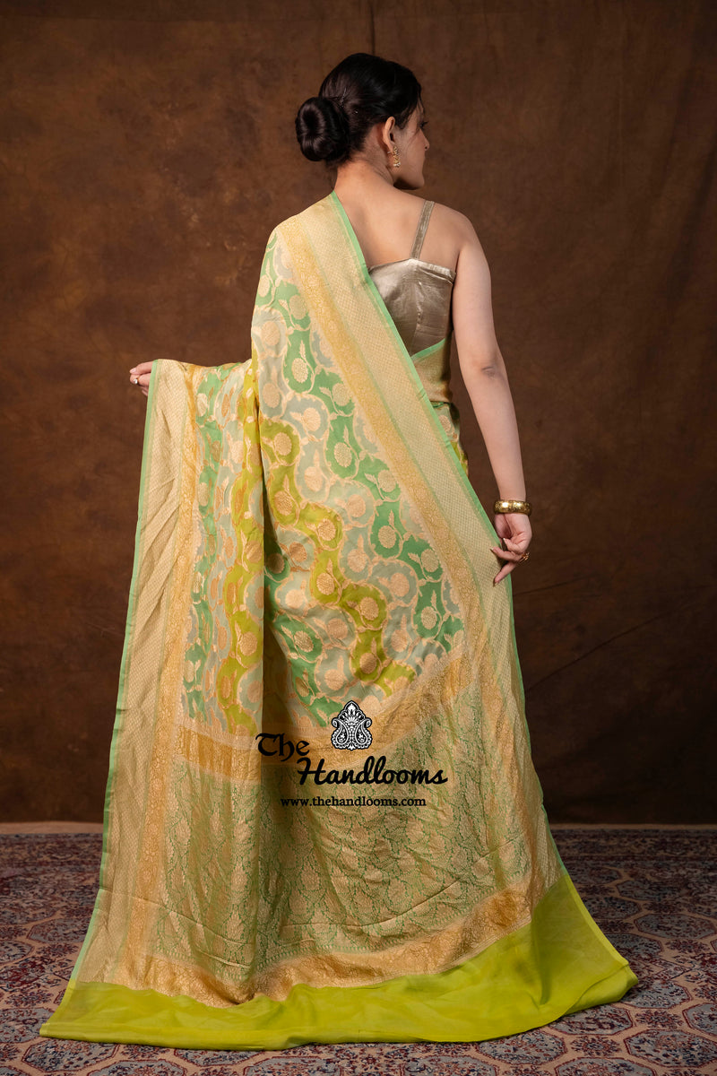 Khaddi Georgette Handloom Banarasi Saree - Gold Zari - The Handlooms