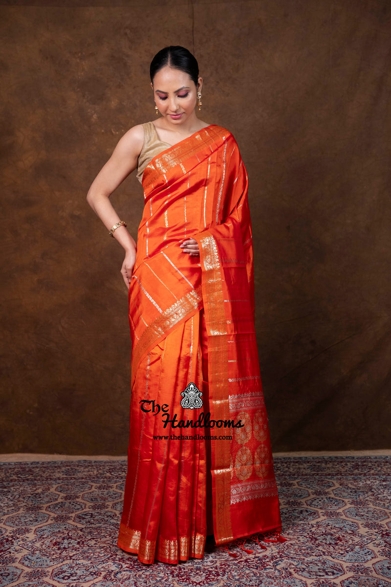 Pure Katan Silk Banarasi Handloom Saree - All Over Kadua Stripe