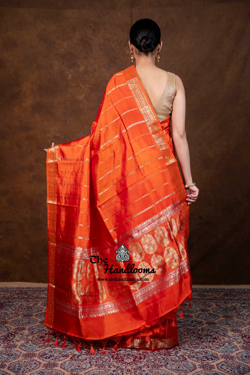 Pure Katan Silk Banarasi Handloom Saree - All Over Kadua Stripe