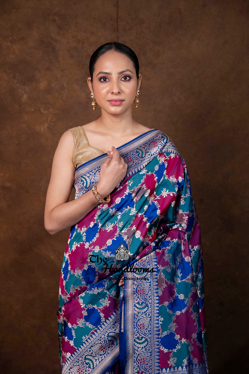 Multicolor Pure Katan Silk Banarasi Handloom Saree - All over Jaal Work With Rangkart - The Handlooms