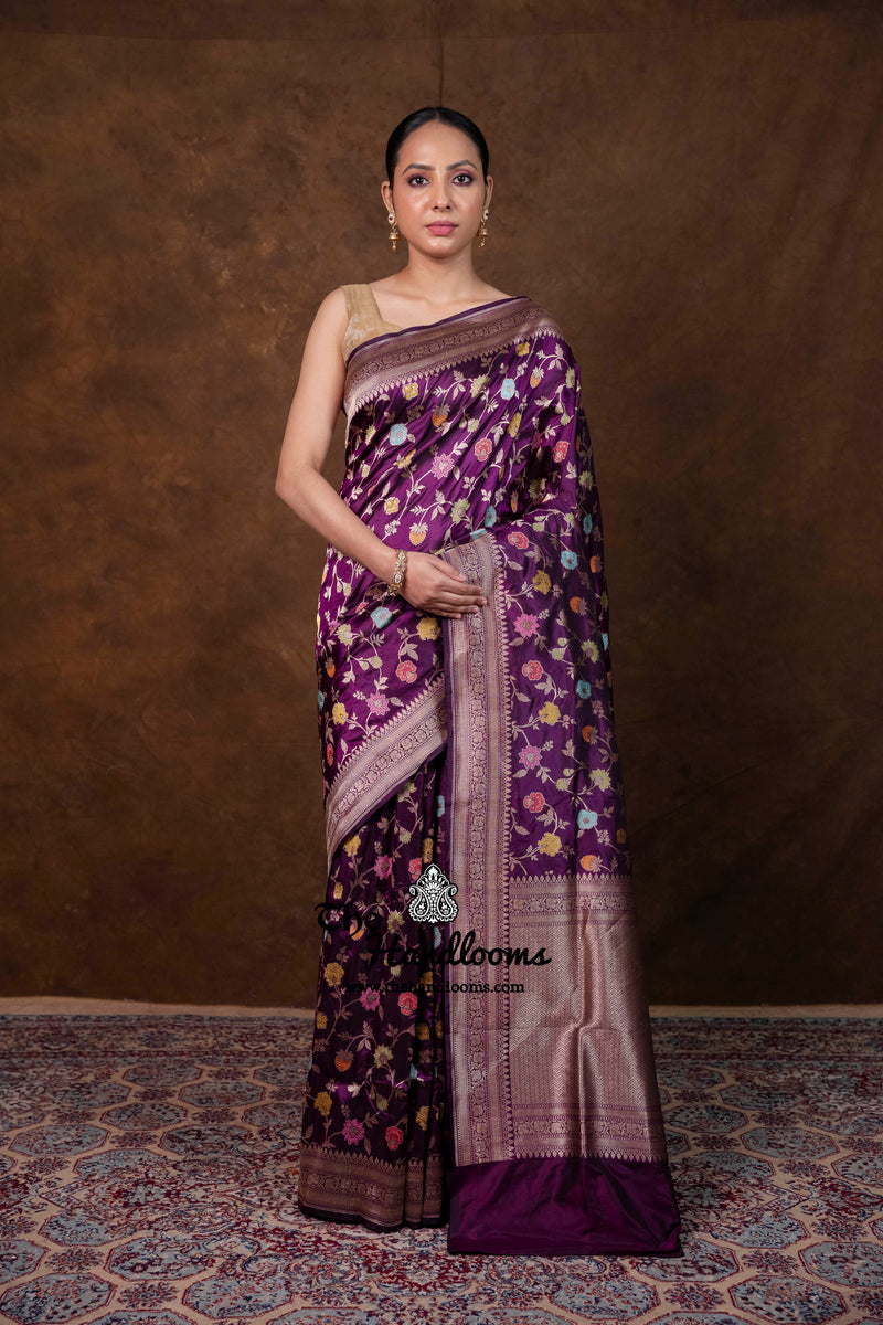Pure Katan Silk Banarasi Handloom Saree - All over Jaal Work With Meenakari - The Handlooms