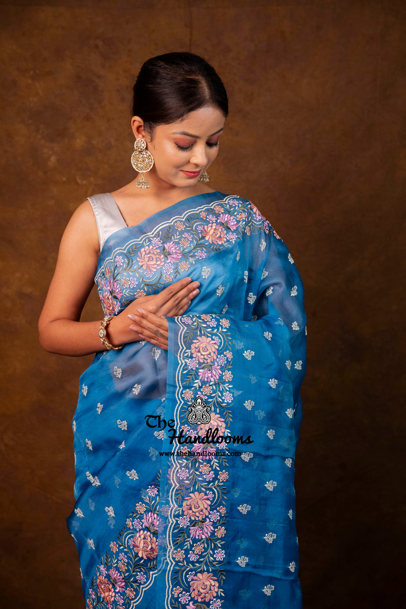 Pure Organza Chikankari Handloom Banarasi Saree
