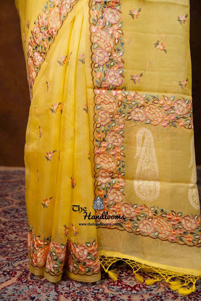 Pure Organza Chikankari Handloom Banarasi Saree