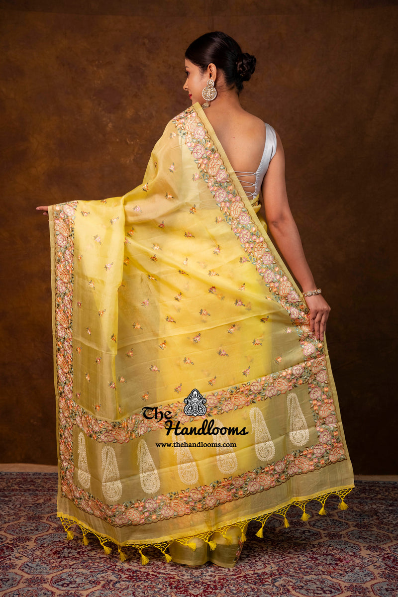 Pure Organza Chikankari Handloom Banarasi Saree