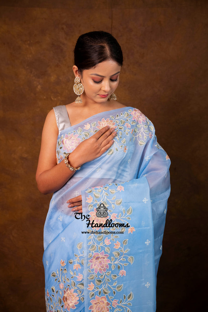 Pure Organza Chikankari Handloom Banarasi Saree