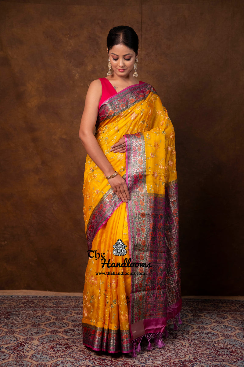Yellow Pure Tussar Silk Handloom Banarasi Saree With Chikankari