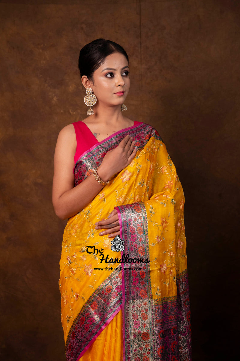 Yellow Pure Tussar Silk Handloom Banarasi Saree With Chikankari