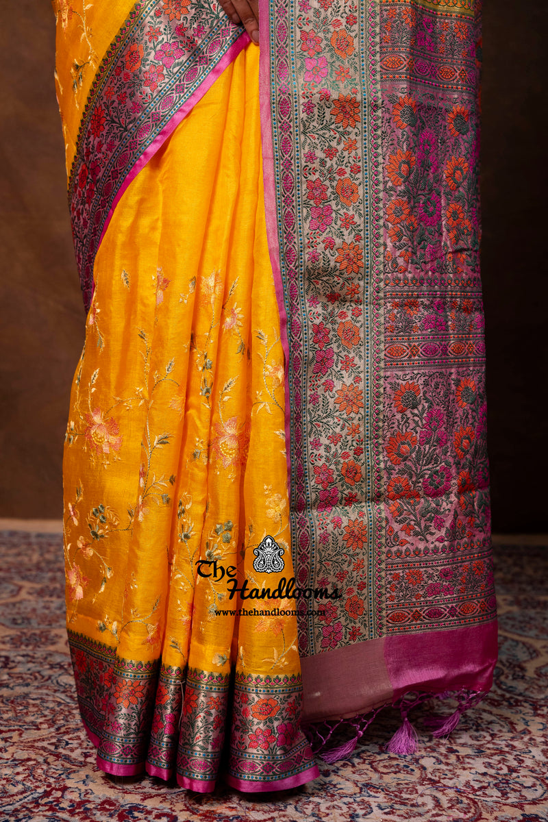 Yellow Pure Tussar Silk Handloom Banarasi Saree With Chikankari