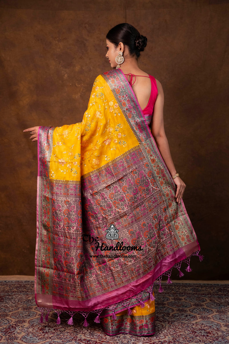 Yellow Pure Tussar Silk Handloom Banarasi Saree With Chikankari