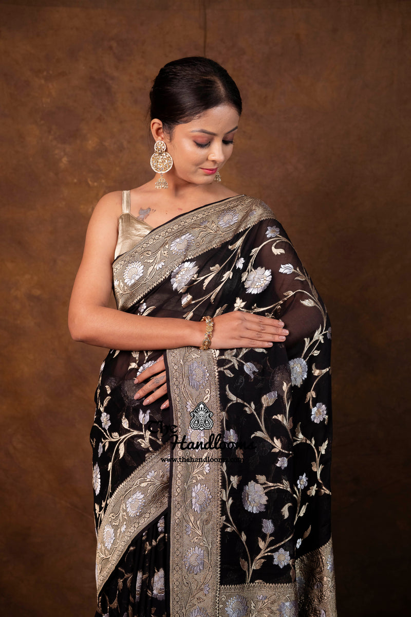 Pure Khaddi Georgette Handloom Banarasi Saree - All Over Sona Roopa Jaal Work