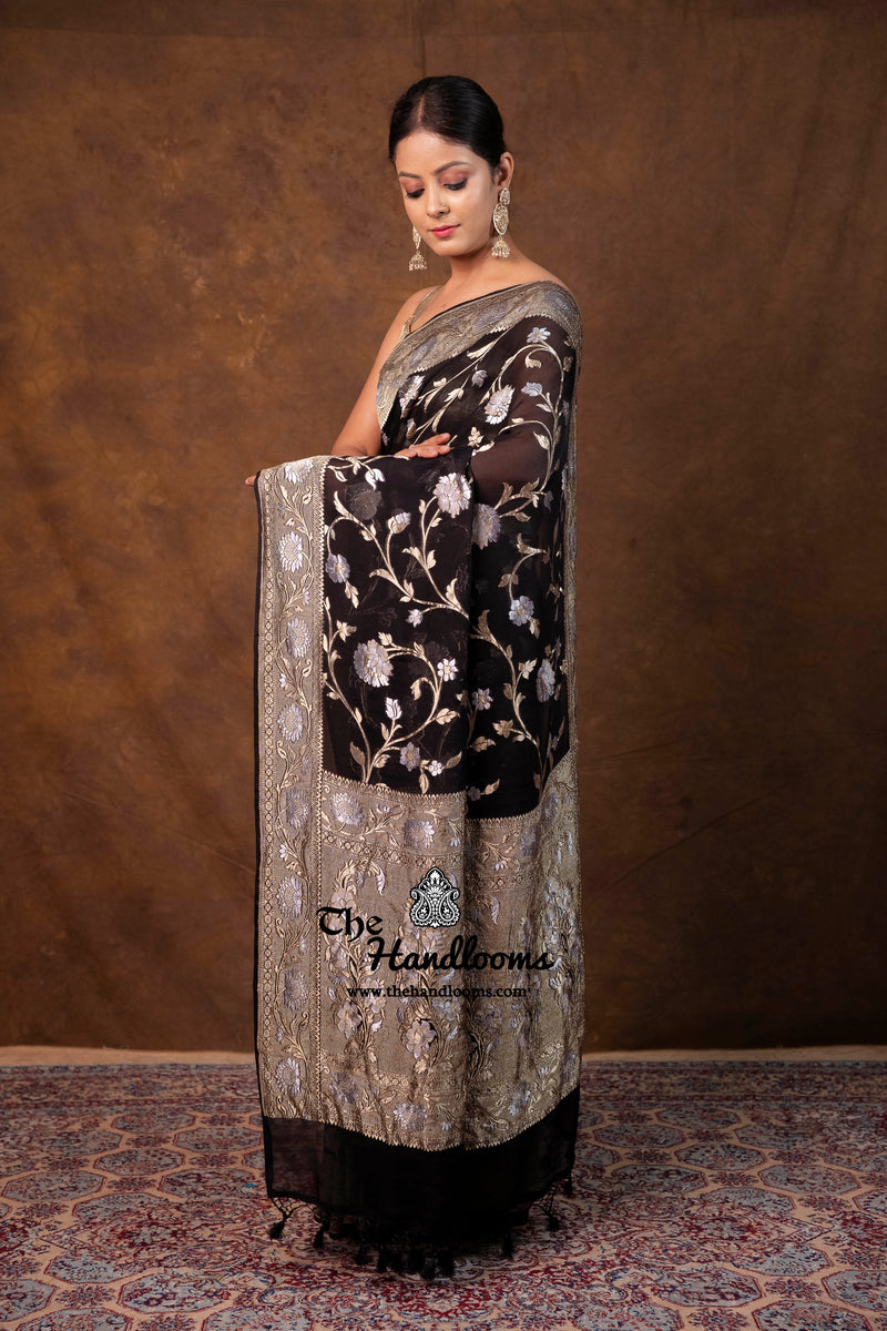 Pure Khaddi Georgette Handloom Banarasi Saree - All Over Sona Roopa Jaal Work