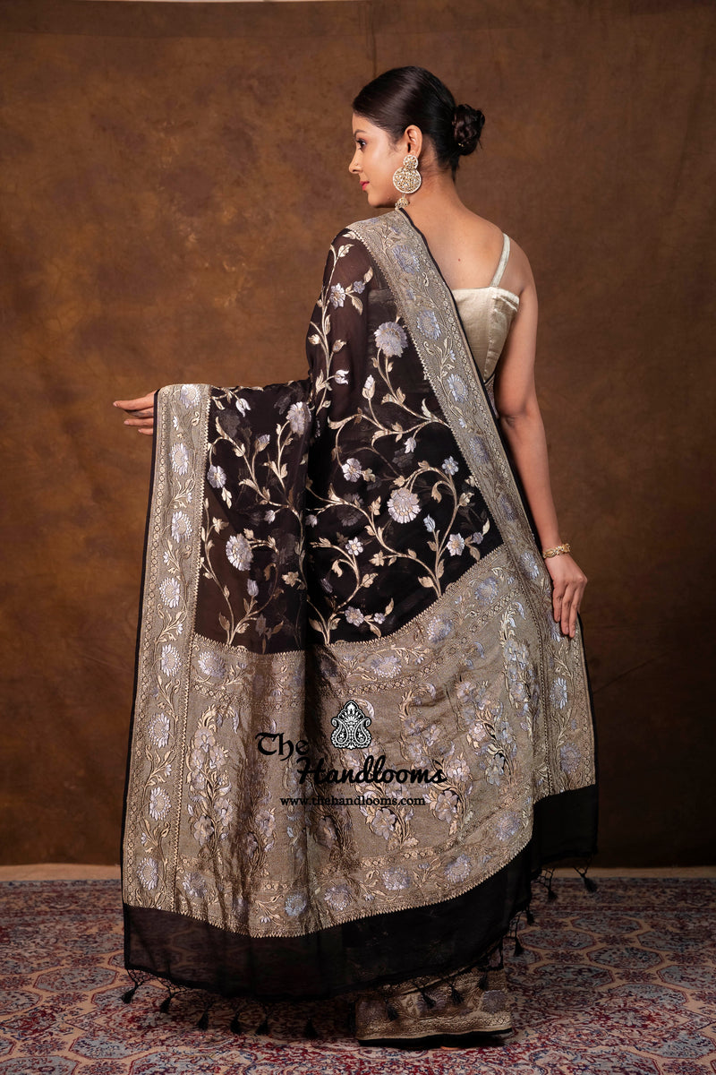 Pure Khaddi Georgette Handloom Banarasi Saree - All Over Sona Roopa Jaal Work