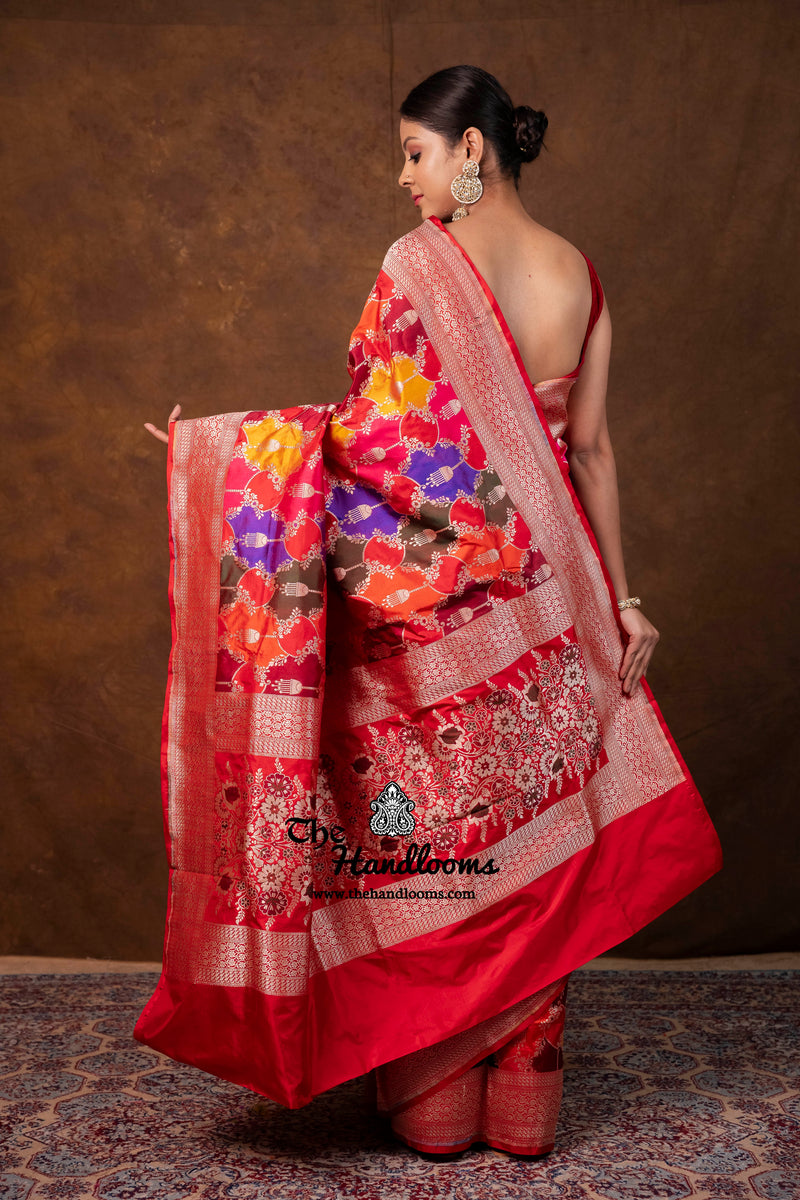 Multicolor Pure Katan Silk Banarasi Handloom Saree - All over Jaal Work With Rangkart - The Handlooms