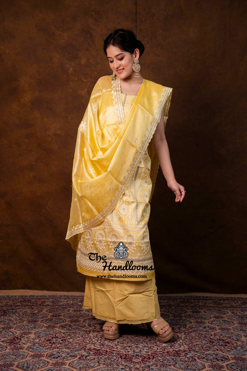 Pure Tussar Chikankari Handloom Banarasi Dress Material - The Handlooms