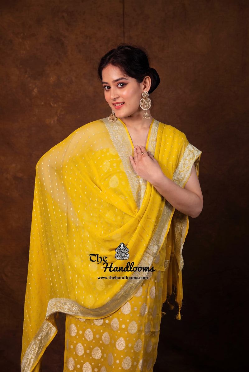 Yellow Pure Khaddi Georgette Banarasi Dress Material