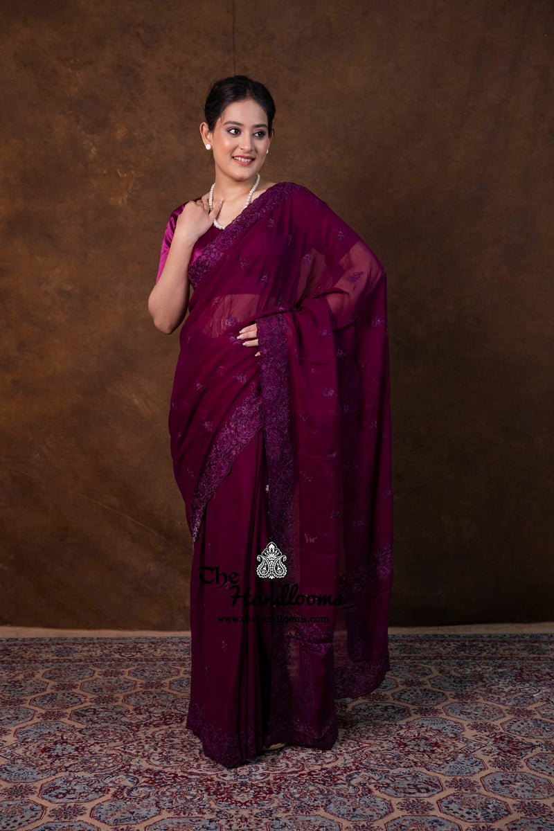 Pure Georgette Chikankari Handloom Banarasi Saree