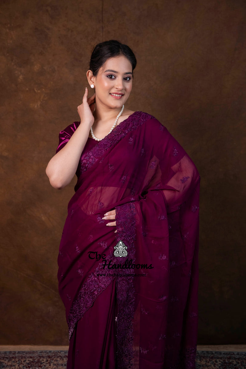 Pure Georgette Chikankari Handloom Banarasi Saree