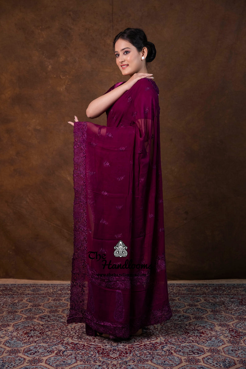 Pure Georgette Chikankari Handloom Banarasi Saree