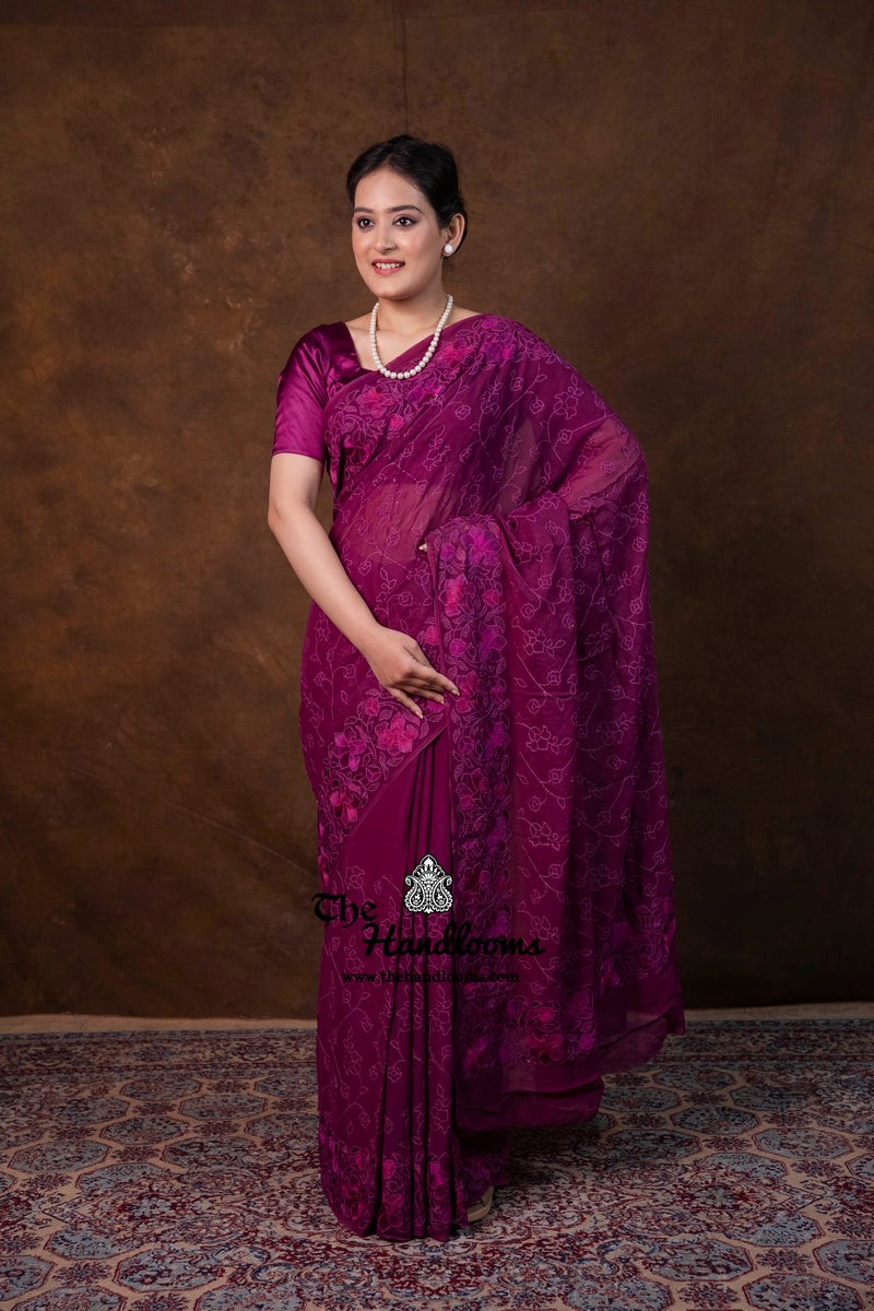 Pure Georgette Chikankari Handloom Banarasi Saree