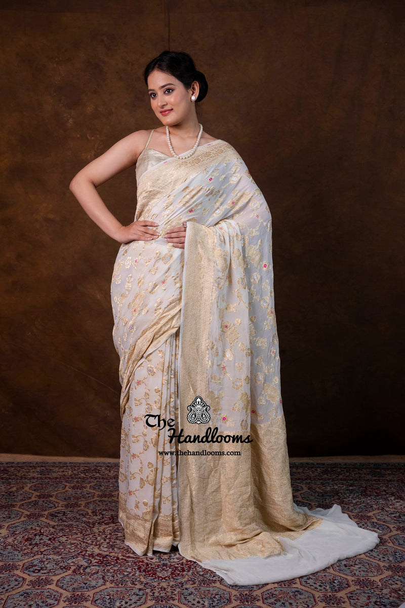White Khaddi Georgette Handloom Banarasi Saree - Water Zari