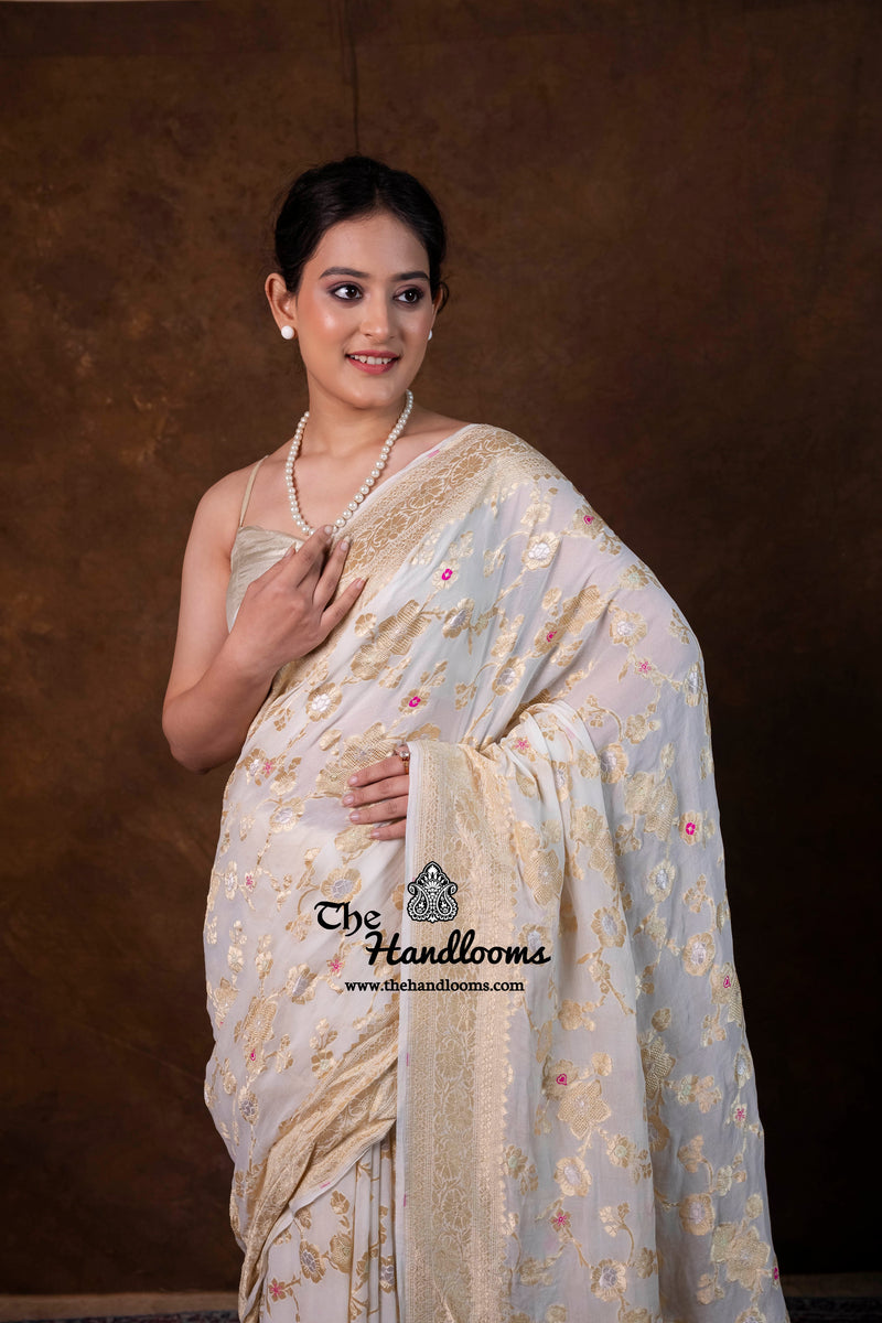 White Khaddi Georgette Handloom Banarasi Saree - Water Zari