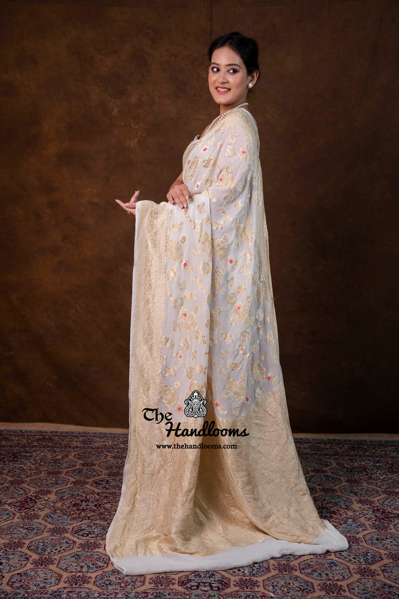 White Khaddi Georgette Handloom Banarasi Saree - Water Zari