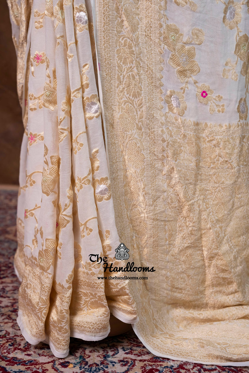 White Khaddi Georgette Handloom Banarasi Saree - Water Zari