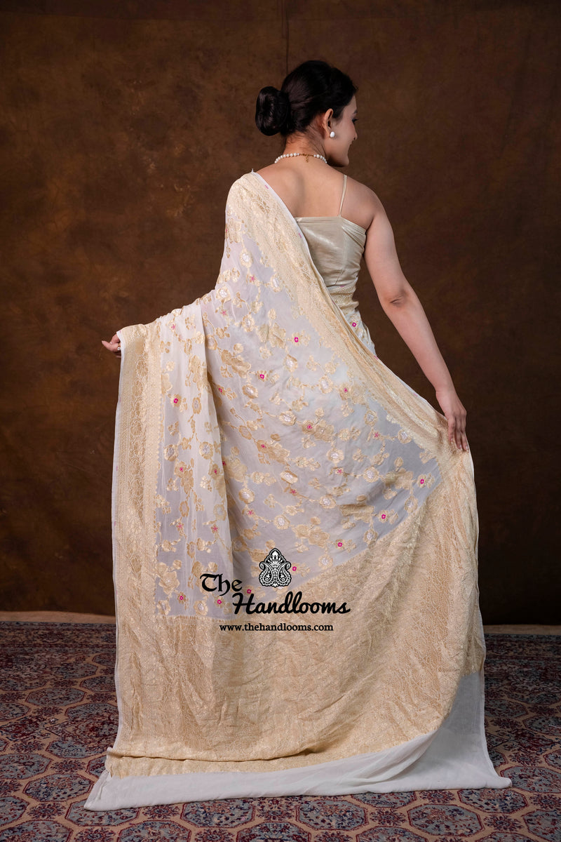 White Khaddi Georgette Handloom Banarasi Saree - Water Zari