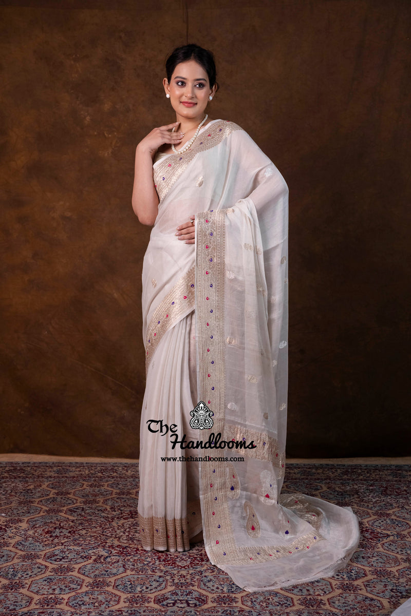 Handloom Banarasi Khaddi Georgette Tissue Saree | All-Over Sona Roopa Kadua Motifs & Meenakari