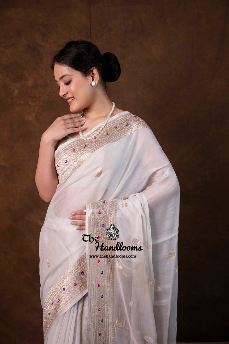 Handloom Banarasi Khaddi Georgette Tissue Saree | All-Over Sona Roopa Kadua Motifs & Meenakari