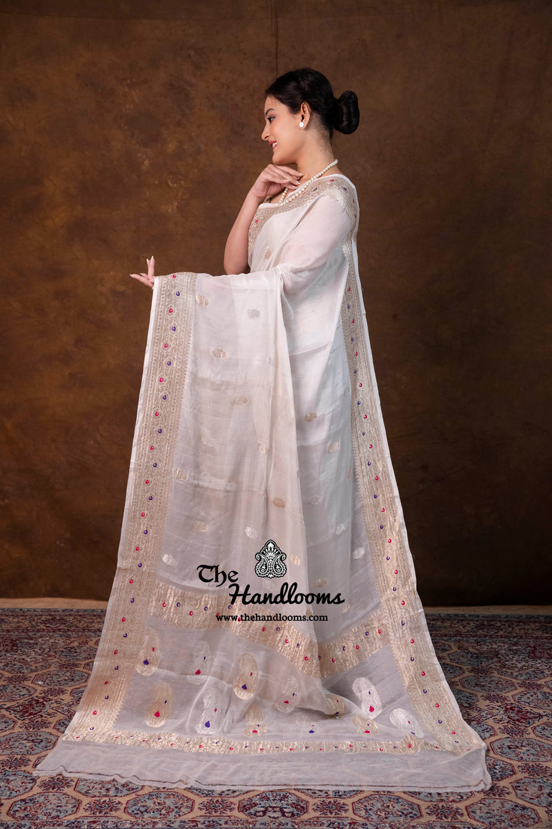 Handloom Banarasi Khaddi Georgette Tissue Saree | All-Over Sona Roopa Kadua Motifs & Meenakari