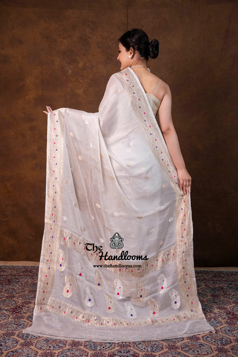 Handloom Banarasi Khaddi Georgette Tissue Saree | All-Over Sona Roopa Kadua Motifs & Meenakari