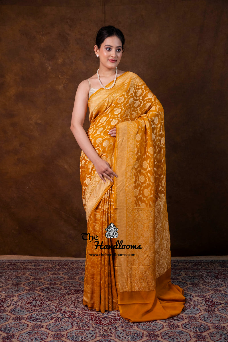 Khaddi Georgette Handloom Banarasi Saree - Gold Zari - The Handlooms