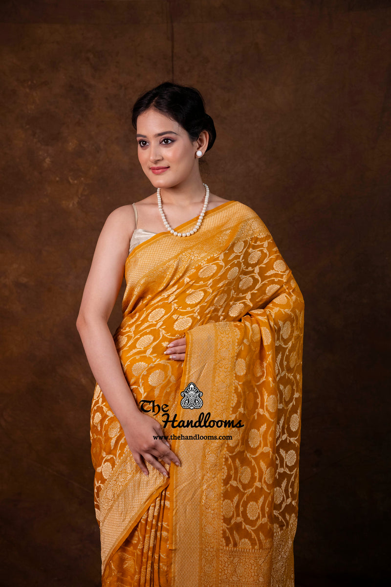 Khaddi Georgette Handloom Banarasi Saree - Gold Zari - The Handlooms