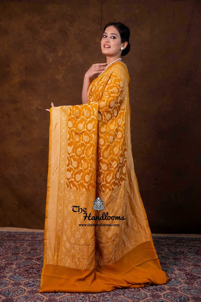 Khaddi Georgette Handloom Banarasi Saree - Gold Zari - The Handlooms