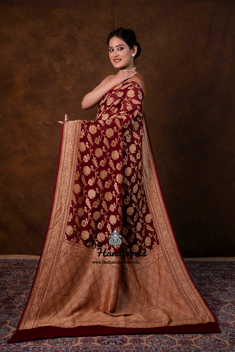 Khaddi Georgette Handloom Banarasi Saree - Gold Zari - The Handlooms