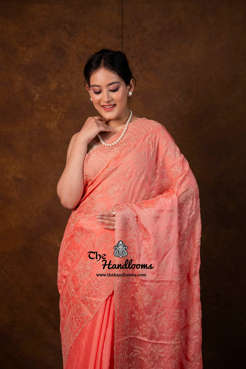Pure Georgette Chikankari Handloom Banarasi Saree