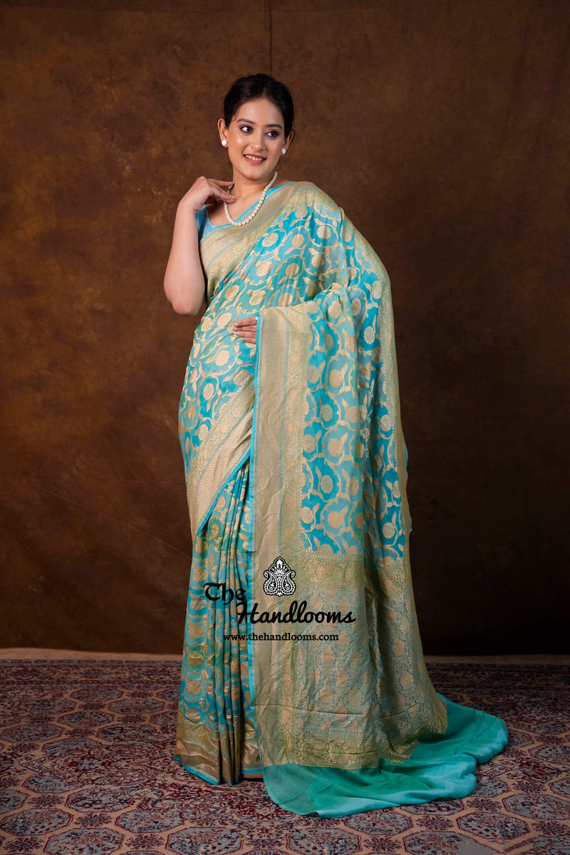 Khaddi Georgette Handloom Banarasi Saree - Gold Zari - The Handlooms