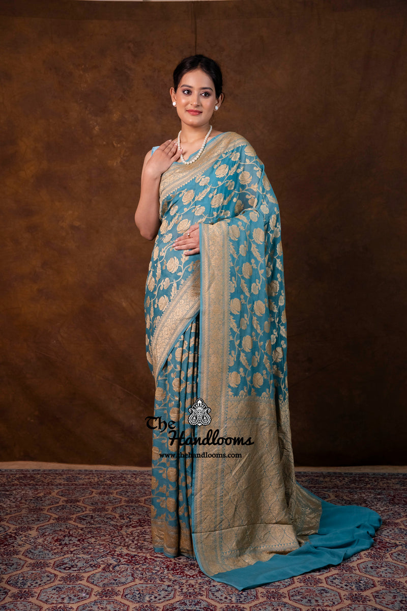 Khaddi Georgette Handloom Banarasi Saree - Gold Zari - The Handlooms