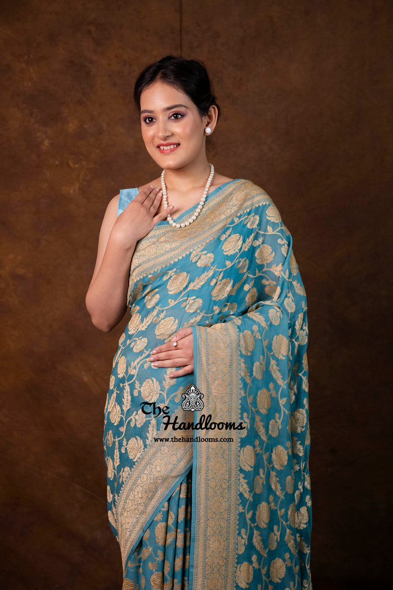 Khaddi Georgette Handloom Banarasi Saree - Gold Zari - The Handlooms