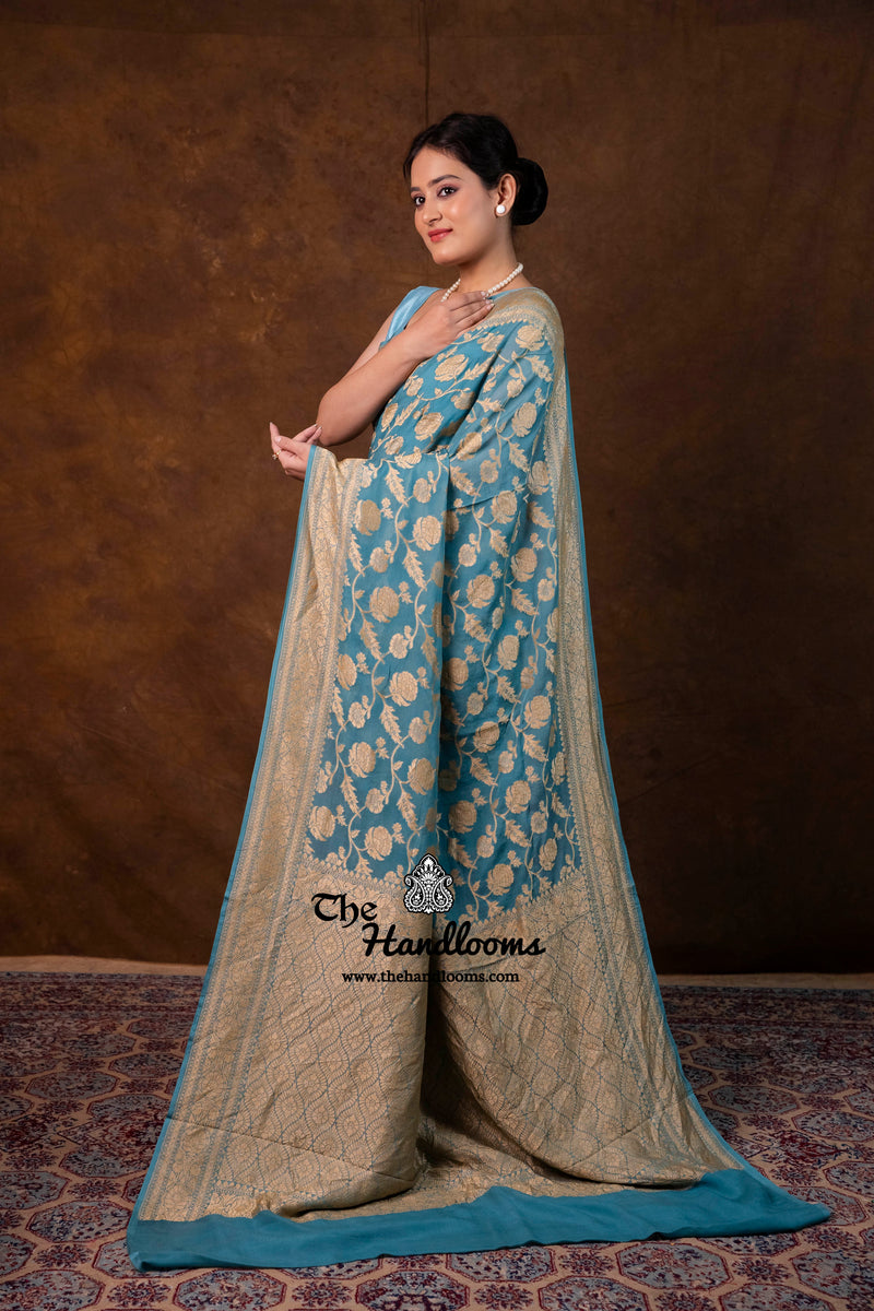 Khaddi Georgette Handloom Banarasi Saree - Gold Zari - The Handlooms