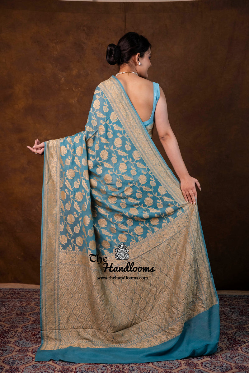 Khaddi Georgette Handloom Banarasi Saree - Gold Zari - The Handlooms