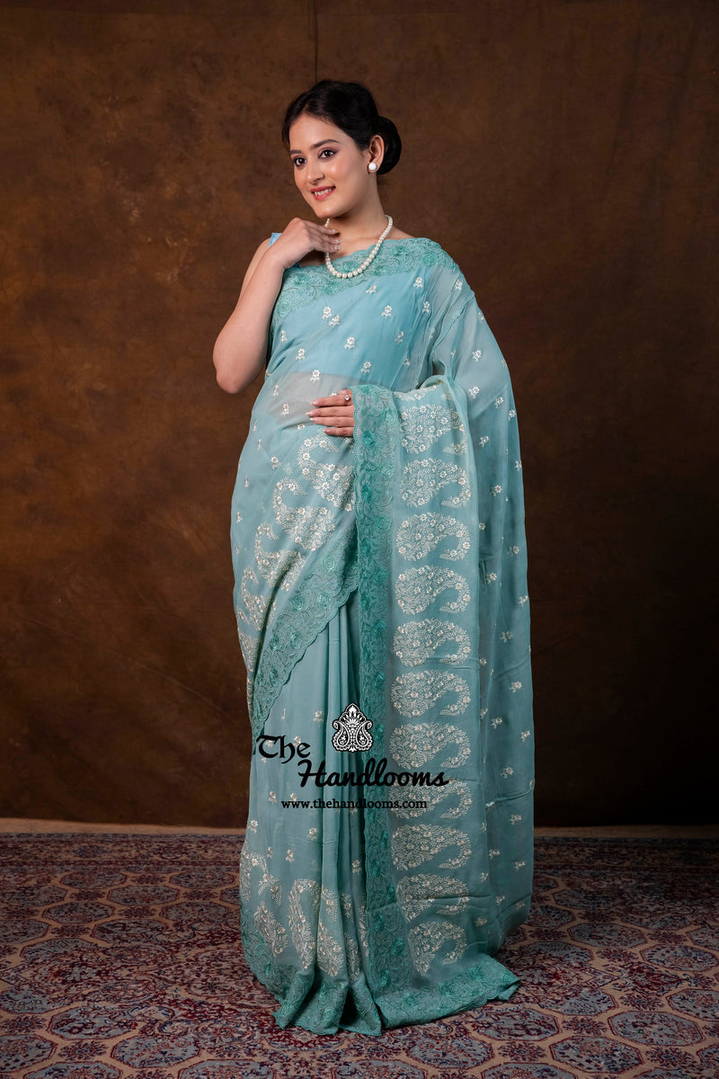 Pure Georgette Chikankari Handloom Banarasi Saree