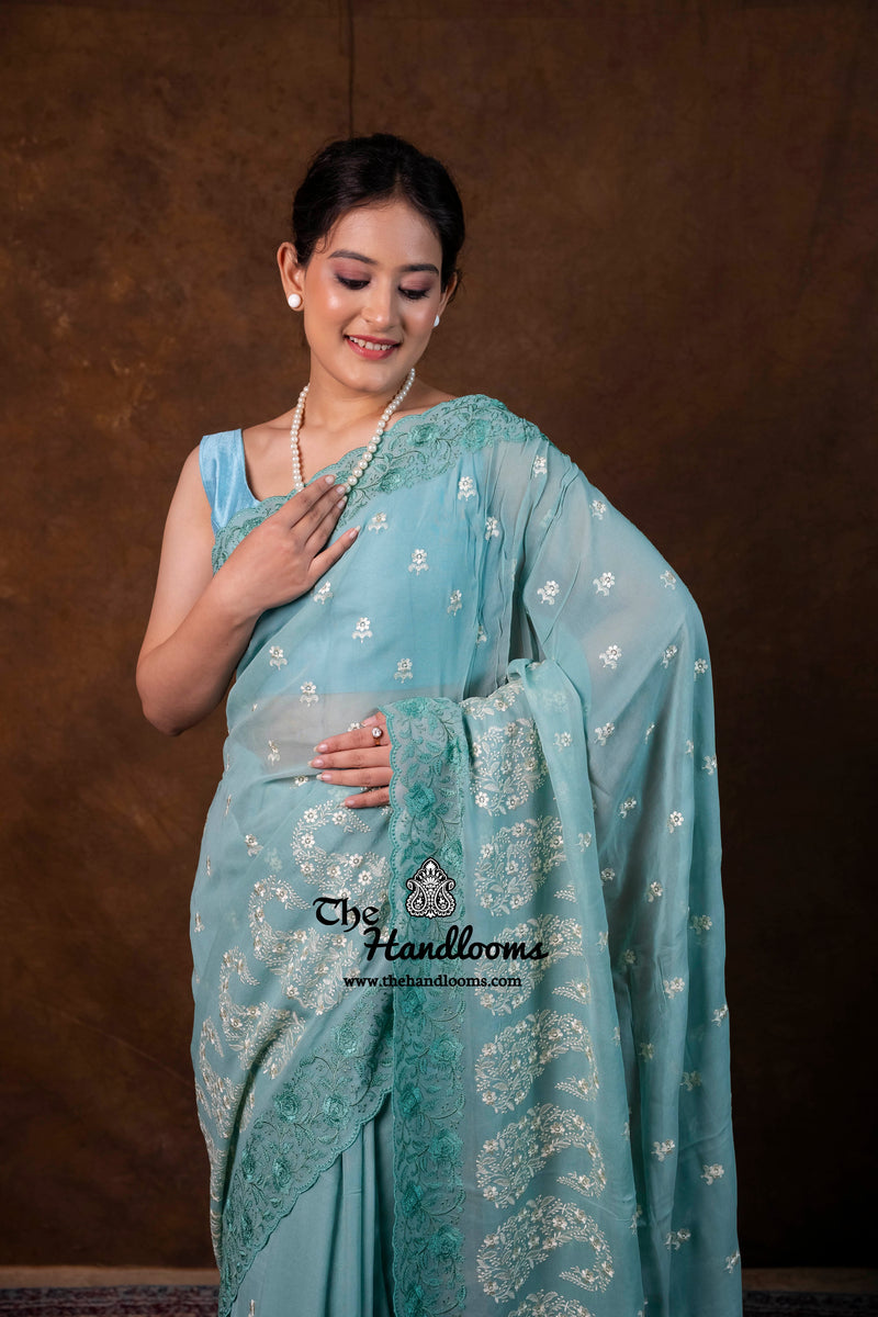 Pure Georgette Chikankari Handloom Banarasi Saree