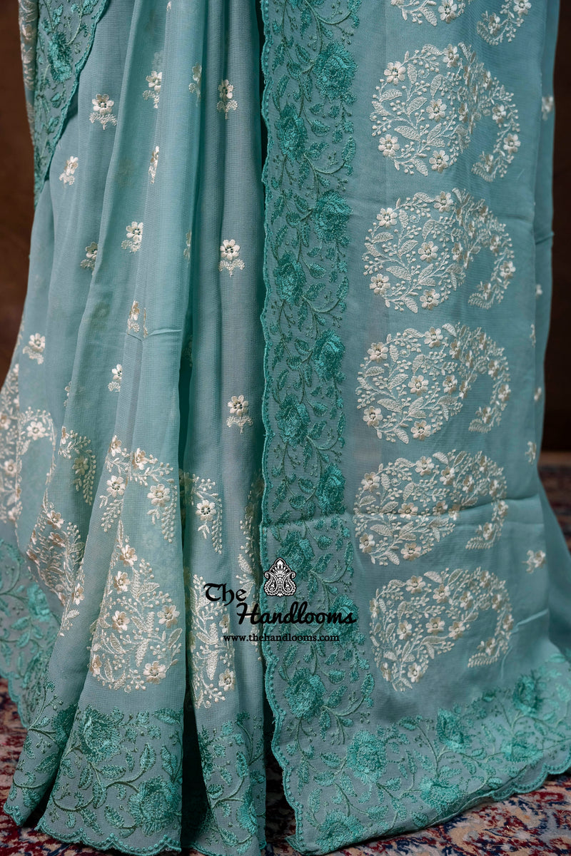 Pure Georgette Chikankari Handloom Banarasi Saree