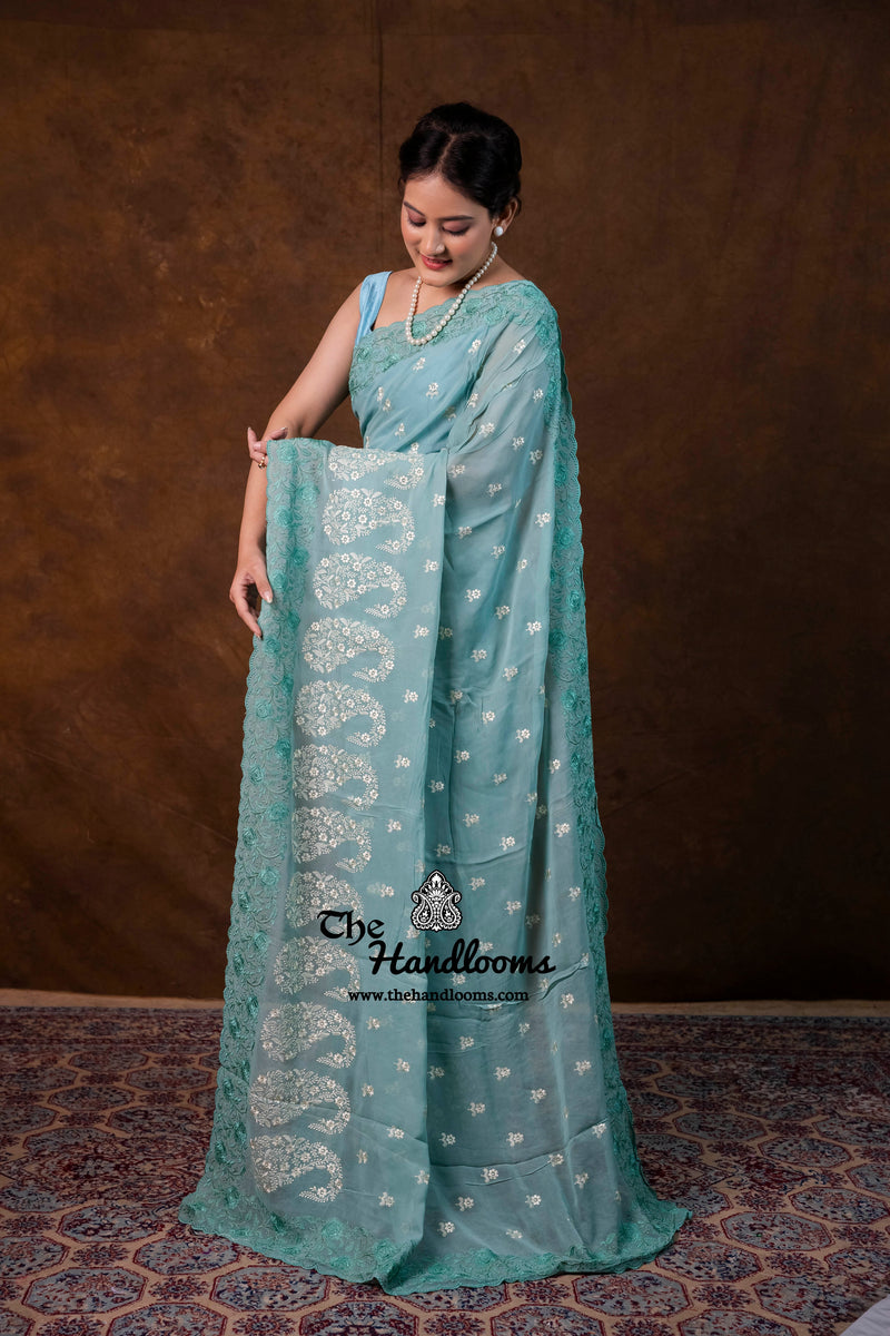 Pure Georgette Chikankari Handloom Banarasi Saree